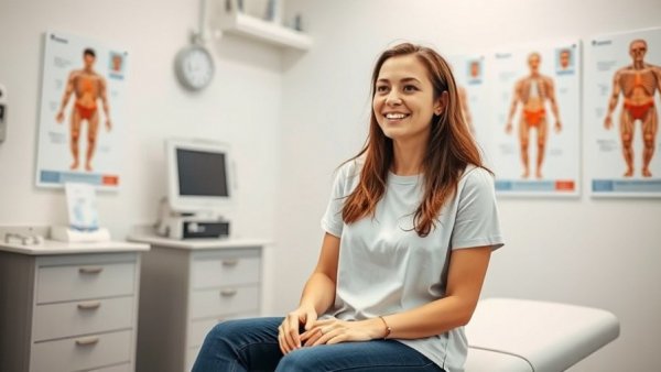 Woman at annual physical after age 40, talking with doctor.