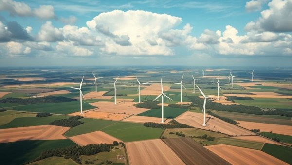 Aerial view of wind turbines on farmland illustrating Smarter Systems for Green AI.