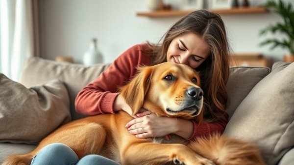 Why Does My Dog Steal My Spot: Woman cuddling her dog on a sofa.