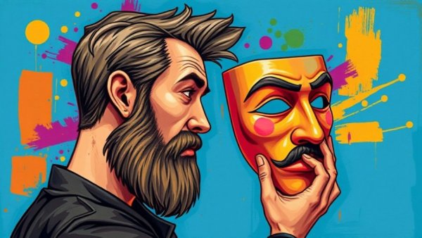 Colorful illustration of man with mask embracing authenticity, symbol of transformation.