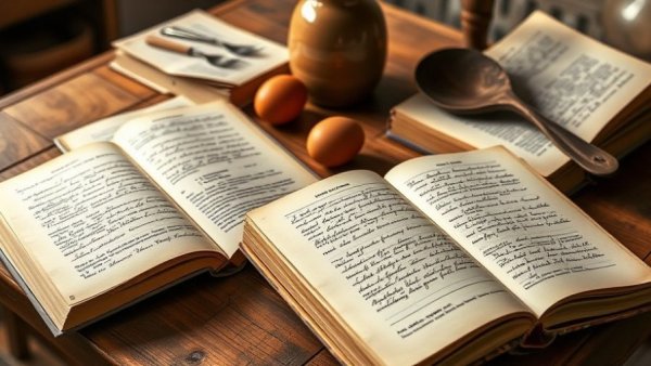 Vintage cookbooks and notes with eggs and spoon on a table.