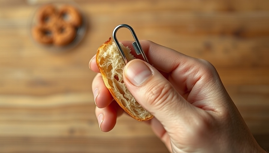 Close-up of a bread clip held in hand on wood background.