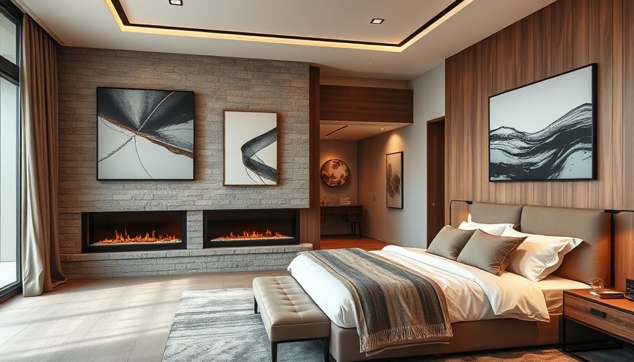 Modern bedroom showcasing luxury design elements, including stylish decor and stone accents.