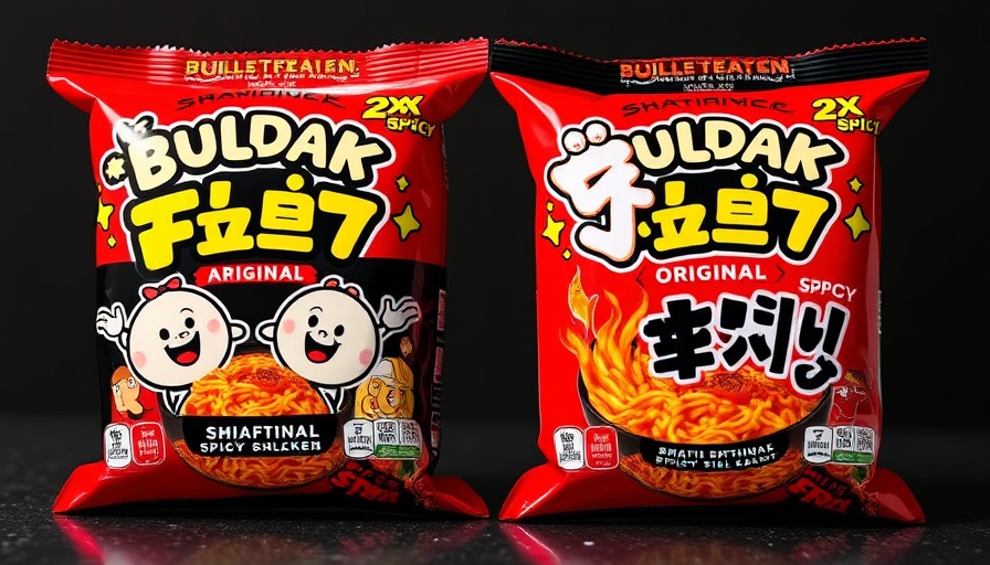Buldak Ramen packaging showing spicy chicken flavor, Original and 2x Spicy.