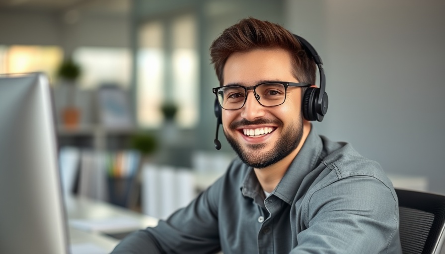 Man with headset smiling warmly indoors, photorealistic.