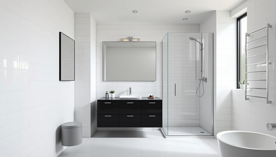 Modern bathroom with dark vanity and glass shower; space-saving ideas.