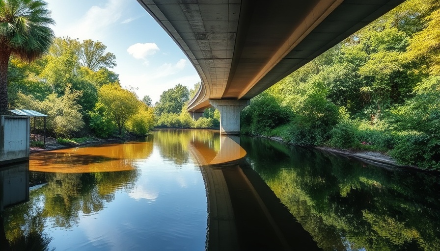 Riverside under bridge at Pocotaligo River in South Carolina, lush greenery, daytime.