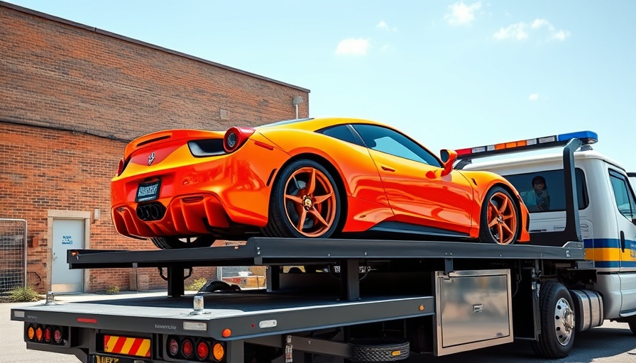 Tow truck carrying orange sports car in industrial area with police car.