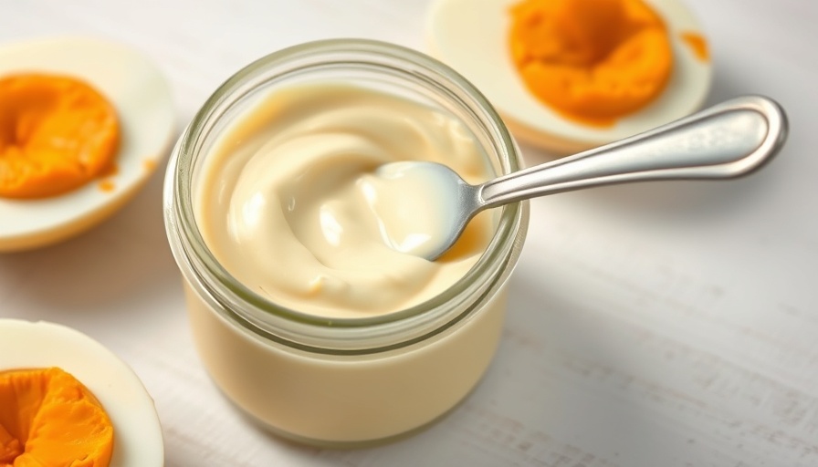 Smooth oil-free mayonnaise in jar with halved boiled eggs.