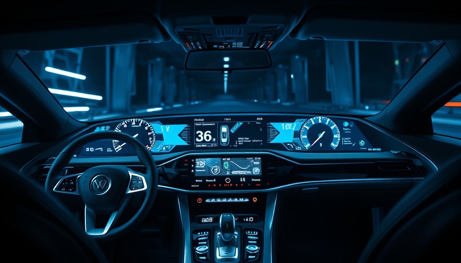 Futuristic car dashboard with tech gadgets, holographic displays.