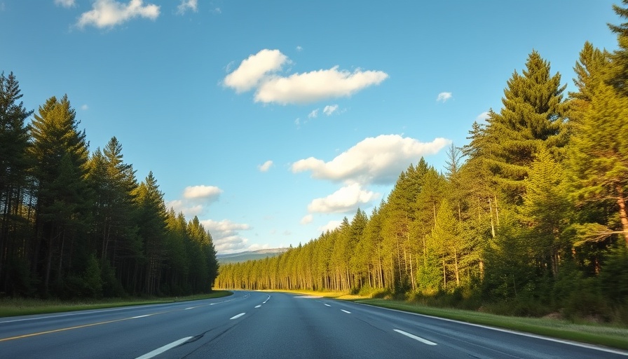 Scenic highway in summer forest under clear sky for summer gas prices.