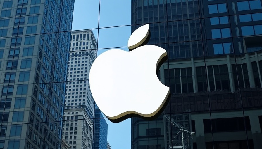 Large Apple logo on glass building, urban reflections.