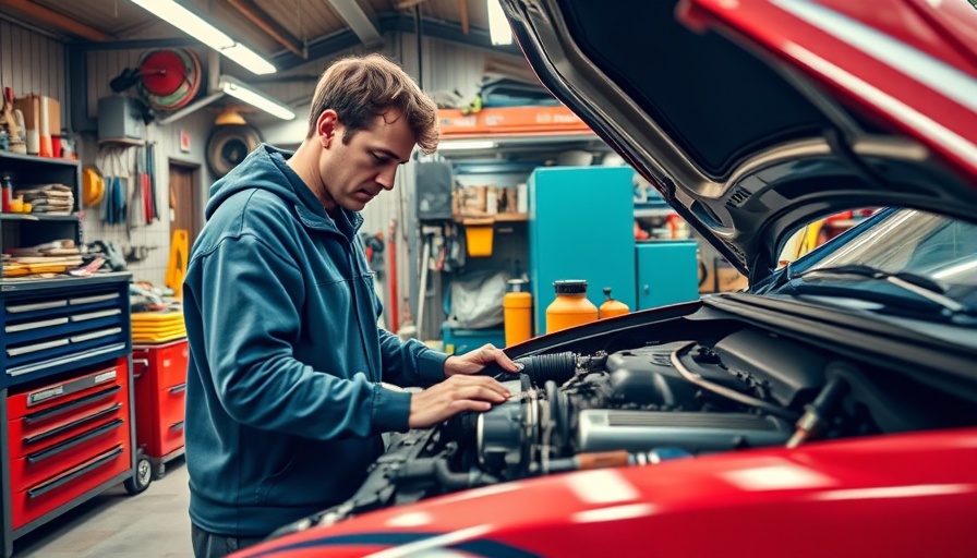 Detailed scene of automotive maintenance in a cluttered garage.