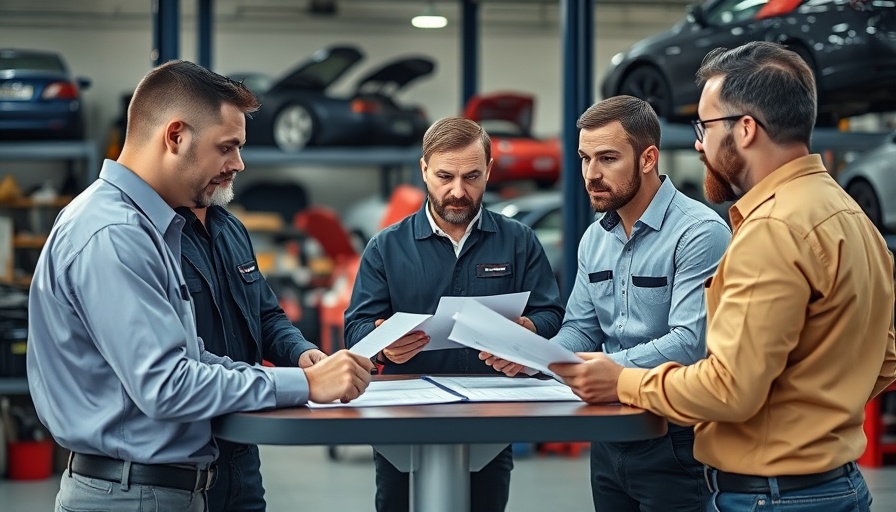 Auto repair shop team planning succession strategies.