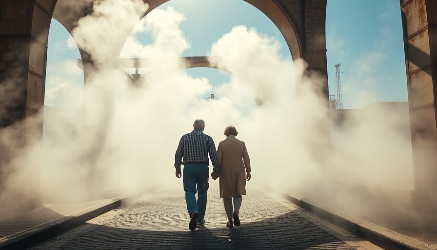Older couple in misty arches on hot day, showcasing extreme weather
