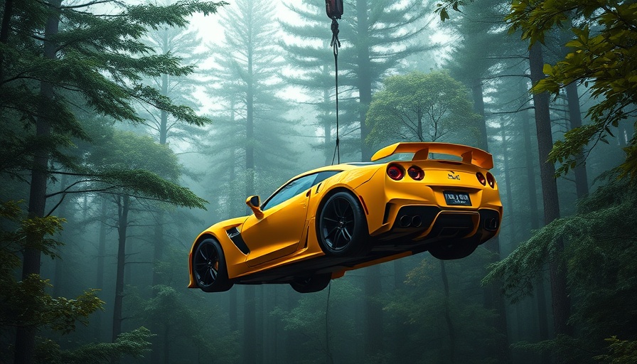 Yellow sports car lifted by crane in forest.