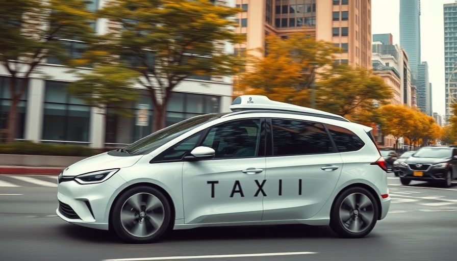 Futuristic autonomous taxi navigating urban street during daylight.