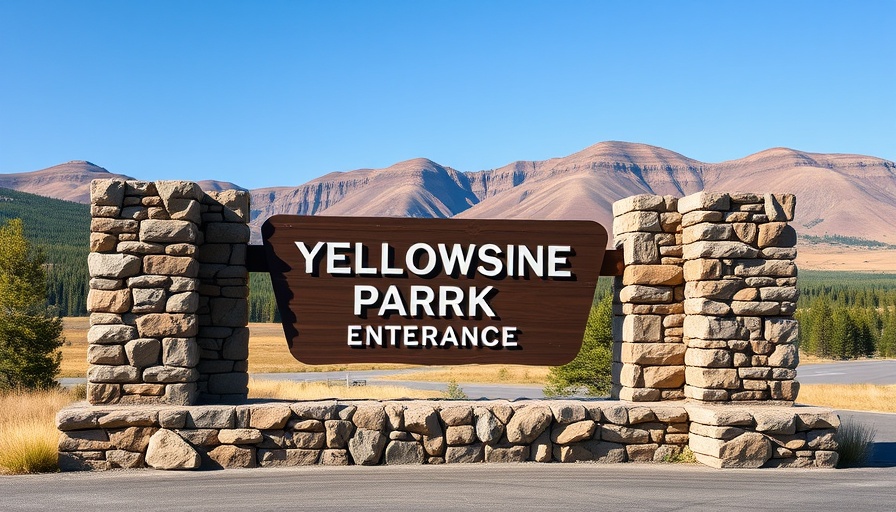 Entrance sign of Yellowstone National Park with stone pillars and hills.