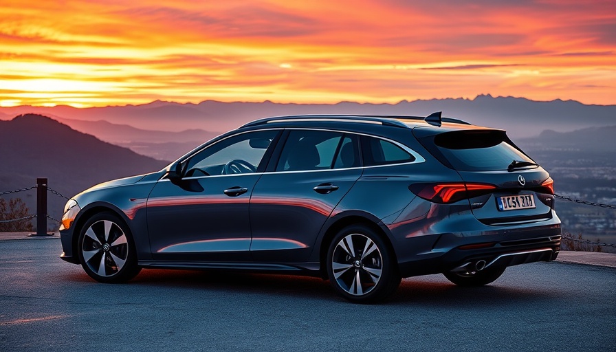 Sleek electric CLA station wagon at scenic overlook during sunset.