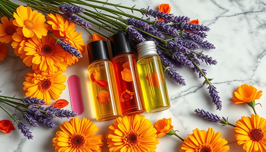 DIY roll-on perfume oil bottles with flowers on marble.