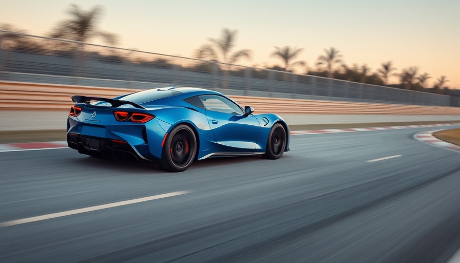 Sleek blue sports car speeding at twilight on a track.