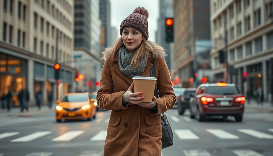 Young woman crossing a street with no sidewalk, urban setting.
