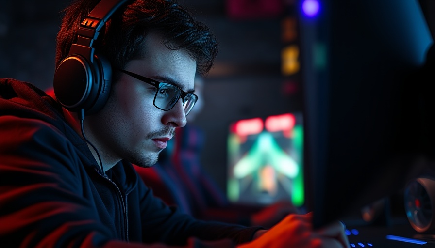 Gamer focused intensely, playing in a colorful LED-lit gaming room.
