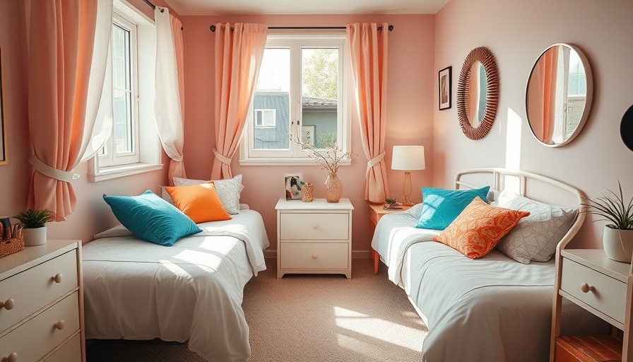 Stylish dorm room with twin beds and mood board decor.