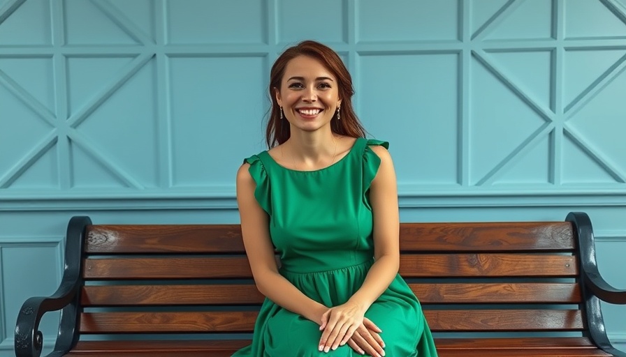 Kelly Clarkson's solid wood bench next to smiling woman in green dress, blue background.