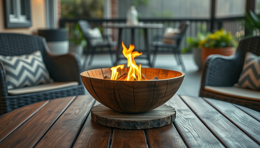 Rustic DIY tabletop fire bowl on wooden table in cozy patio.