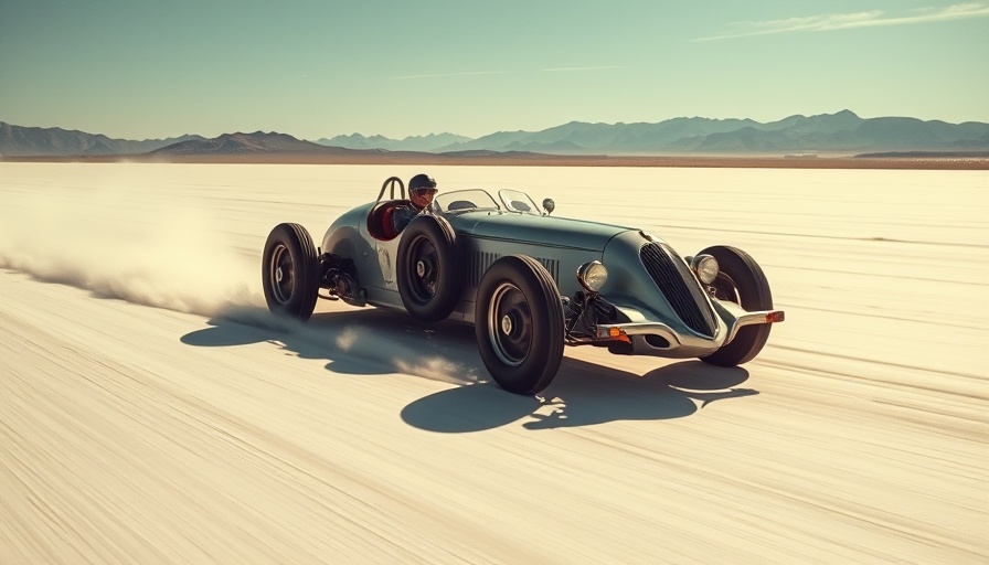 Vintage race car speeding on salt flats, showcasing speed milestones in automotive history.
