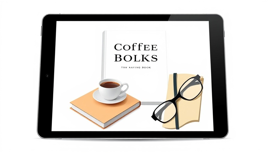 Digital book cover on a tablet with coffee and glasses.