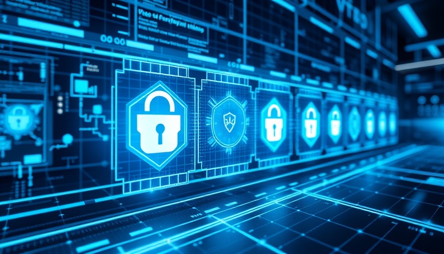 Futuristic digital interface with glowing cybersecurity icons in virtual space.