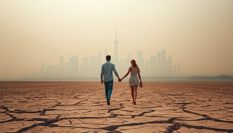 Couple walking on dry earth towards polluted city, Clean Environment as a Human Right.