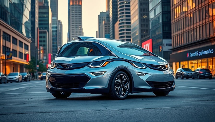 Futuristic Chevrolet Bolt in vibrant cityscape during evening.