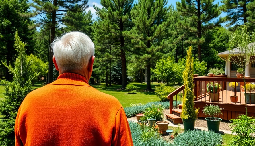 Elderly person observing Elderberry Wisdom Farm garden.