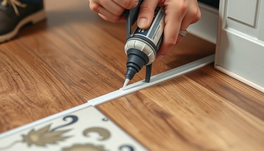 Installing floor transition strip with caulk gun on tile and wood flooring.
