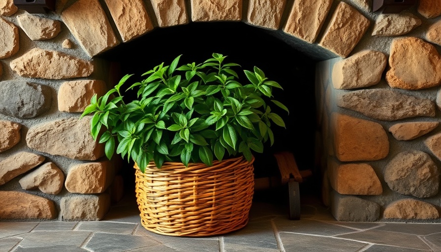 Rustic fireplace with basket planter and lush foliage.