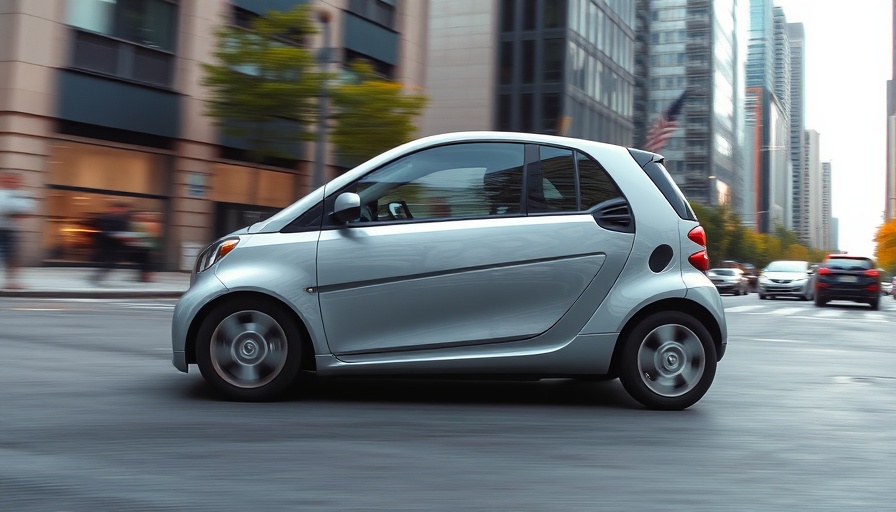 Compact car zooms through cityscape, showcasing fun driving.