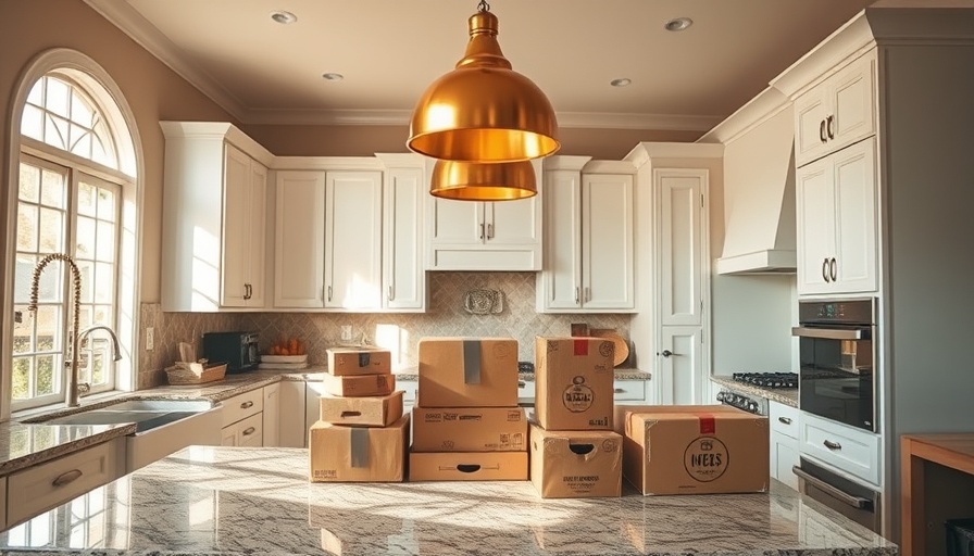 Packed kitchen boxes in modern kitchen - packing and moving tips.