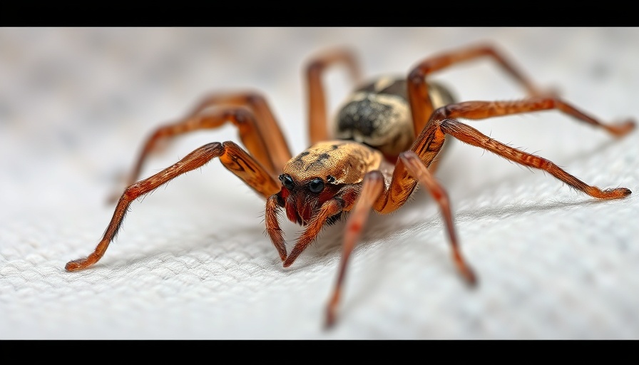Close-up of brown recluse spider on white fabric.