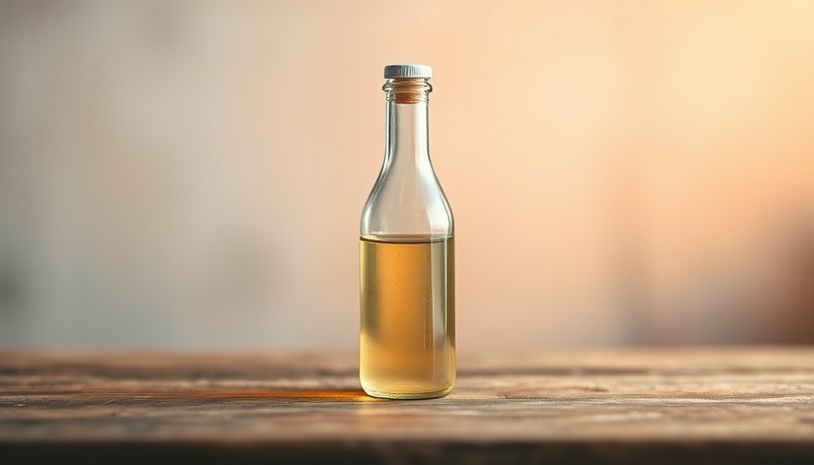 Clean glass vinegar bottle on wooden table, minimalist design.