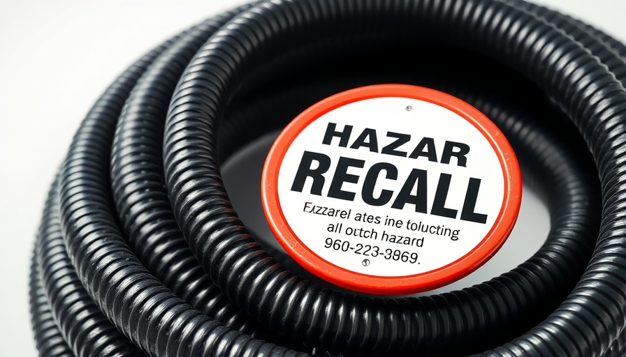 Garden hose with recall warning sign highlighting hazards.