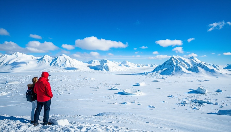 Antarctic evacuation scene with observers overlooking icy landscape.