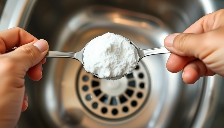 Hand cleaning kitchen sink drain with baking soda and spoon.