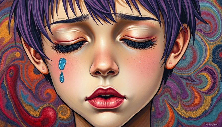 Emotional wellness art: Portrait of a person with vibrant hair and tear.