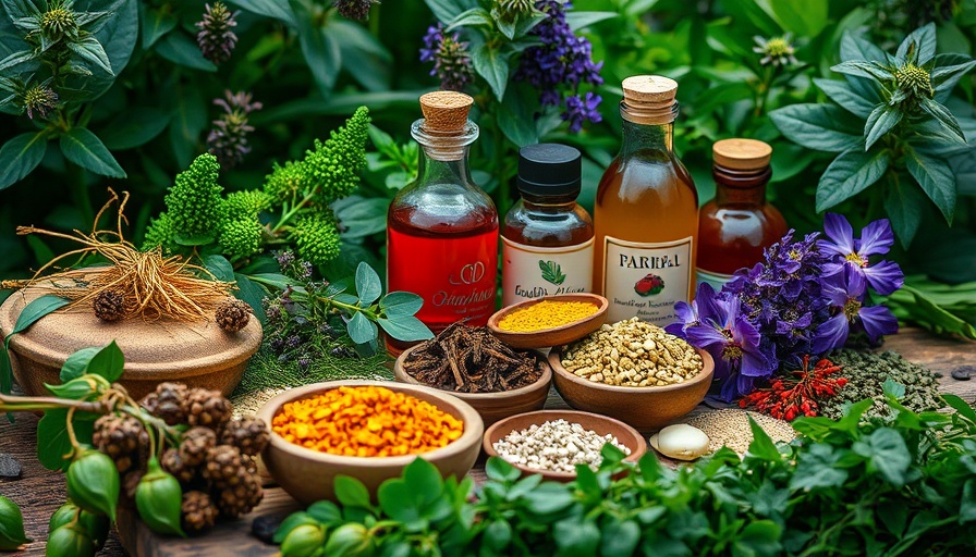 Colorful herbs and tinctures in garden setting for moon phases.