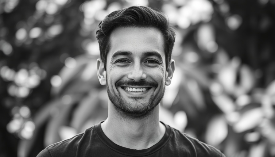 Portrait of a smiling man outdoors in black and white.