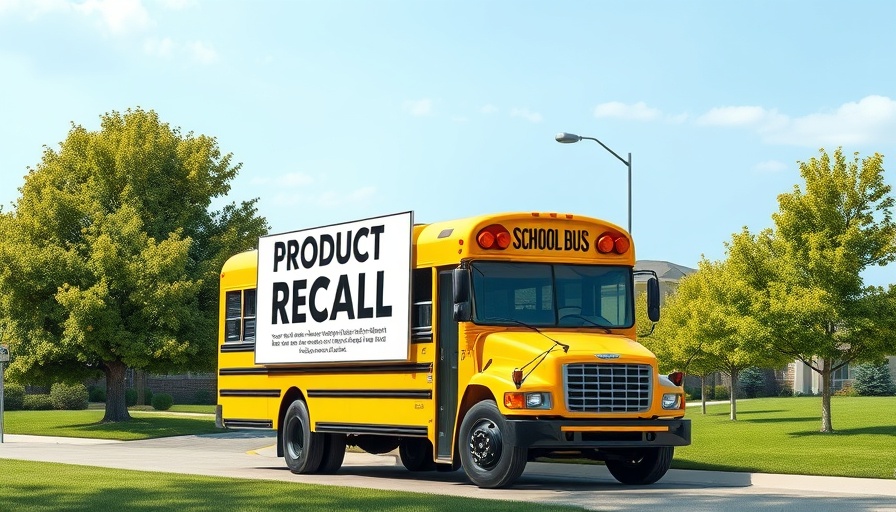 Yellow school bus with product recall sign indicating fire risk.