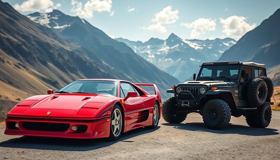 Scenic view of red Ferrari F40 beside Ineos Grenadier in mountain setting.